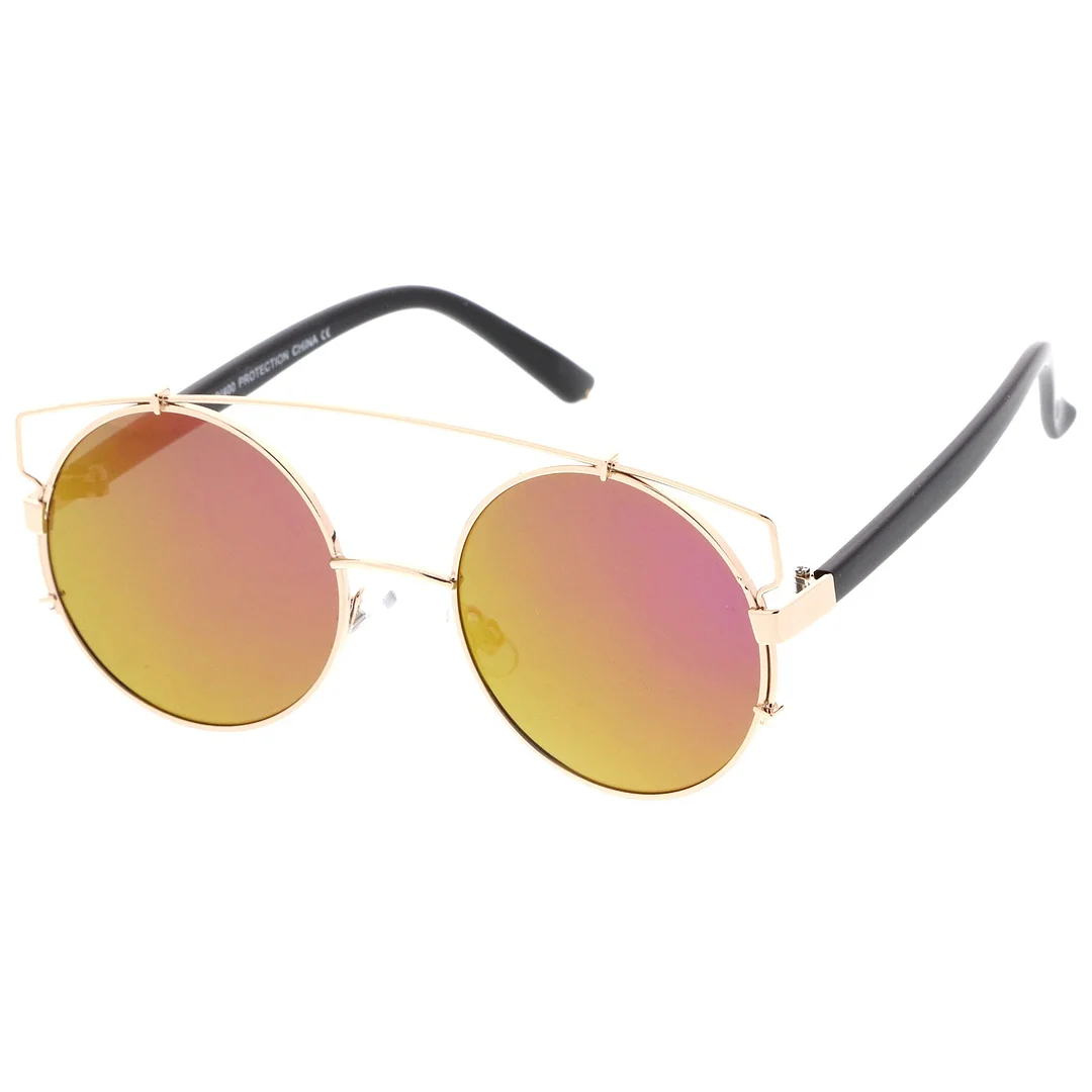 Midsize Metal Frame Horn Rimmed Crossbar Mirror Flat Lens Round glasses 53mm