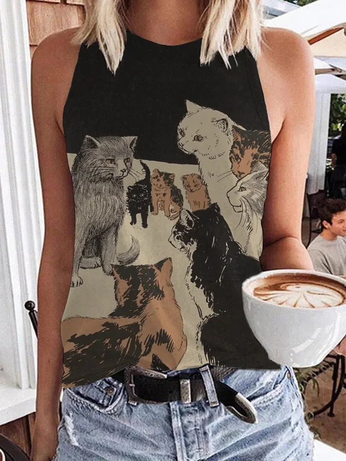 Women's Cat Meeting Art Print Casual Tank Top