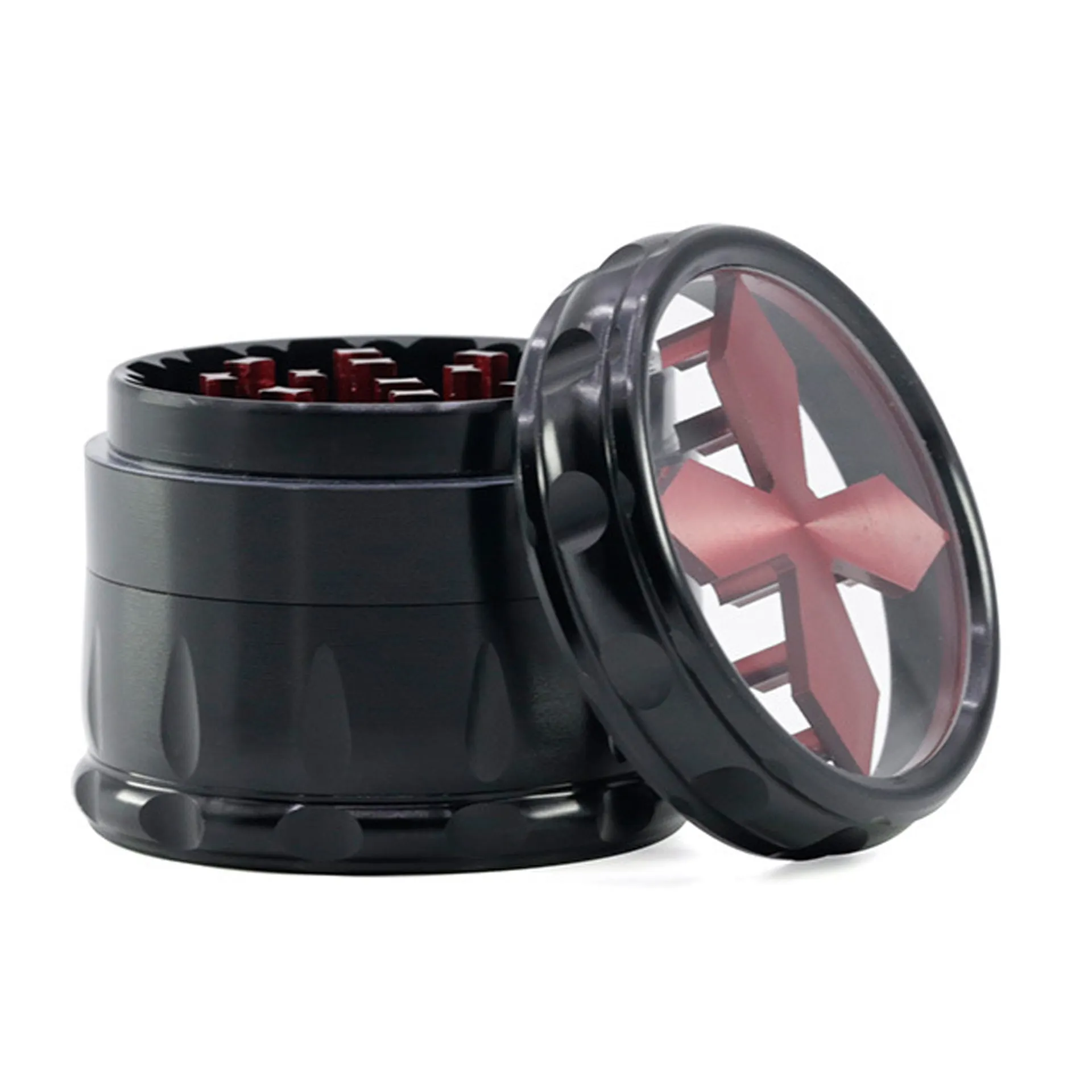 Transparent Cross-Shape Chamfer Drum-Shape 4 layer Aluminium Alloy Herb Grinder-Red Color