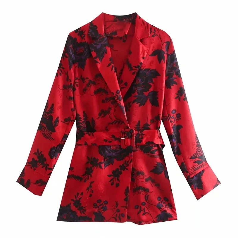 Women Floral Printing Tailored Collar Sashes Red Shirts Female Long Sleeve Blouses Casual Lady Loose Tops Blusas S8198
