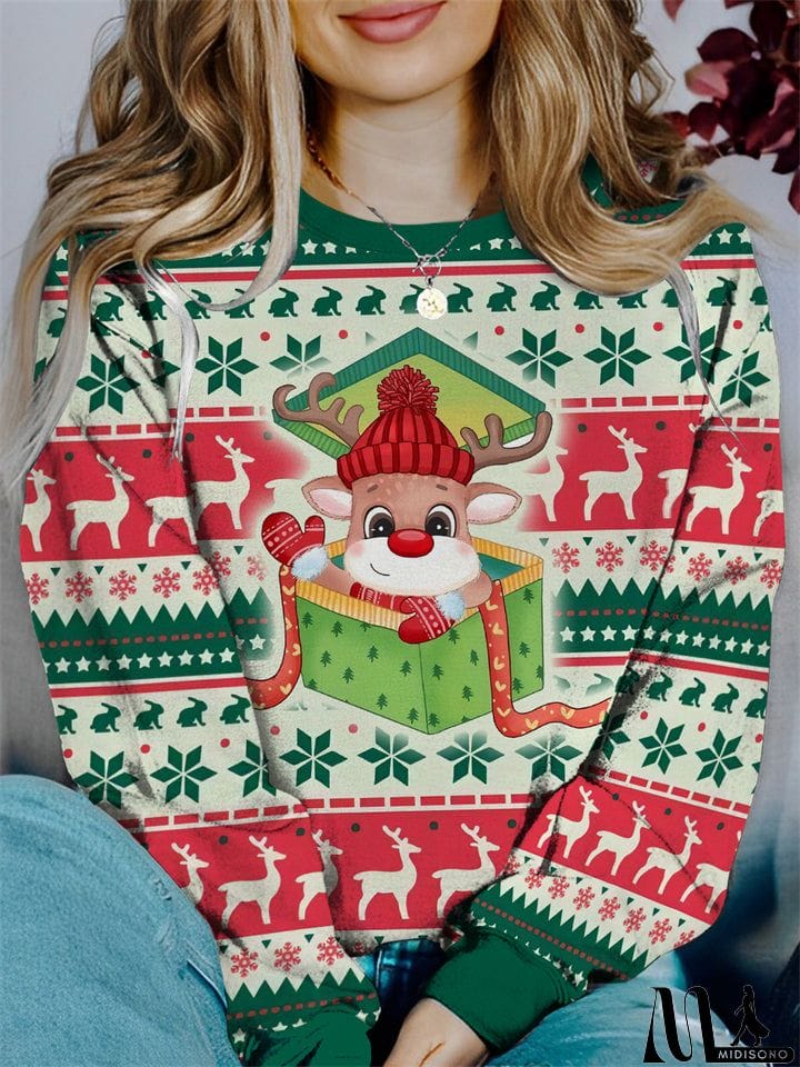 MidiSono - Women's Lovely Christmas Cartoon Print Round Neck Sweatshirt