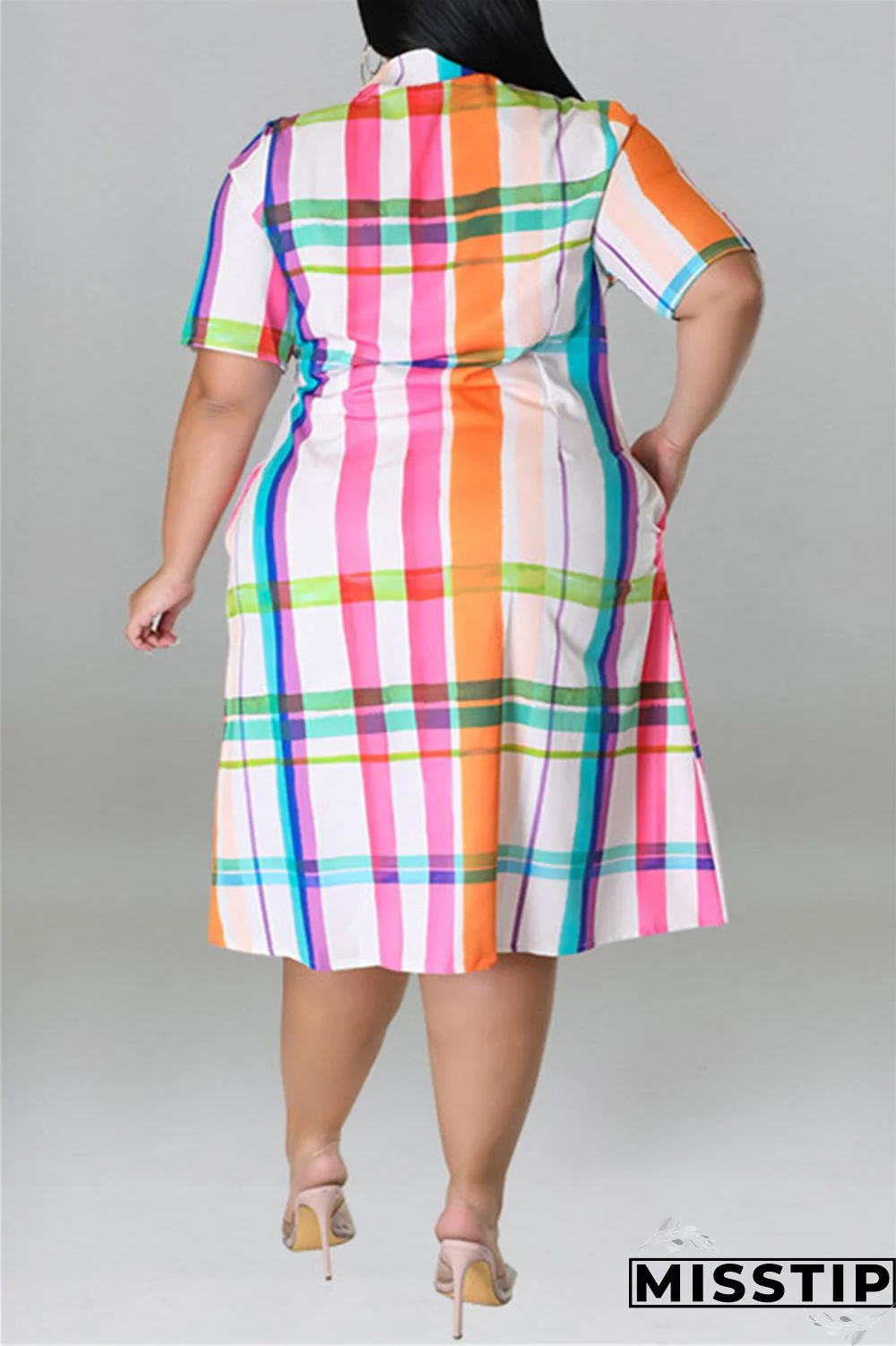 Blue Fashion Casual Plus Size Plaid Print Patchwork Turndown Collar Shirt Dress