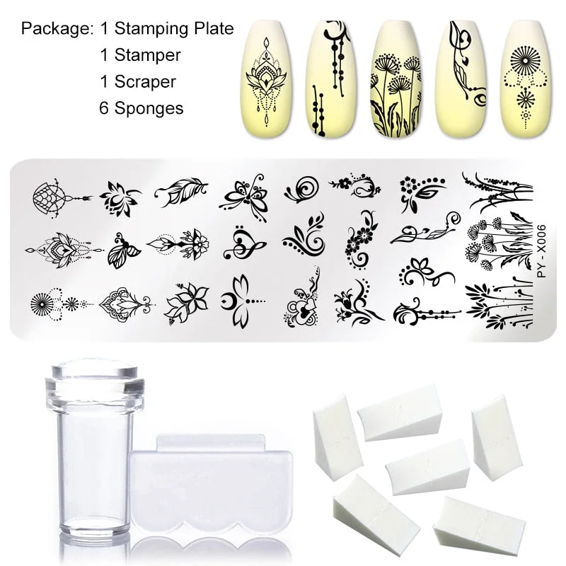 1 Set Nail Stamping Plates Geometry Lace Flower Dream Catcher with Jelly Stamper Scraper Sponge Nail Art Image Plate Tool-Nail Inspo