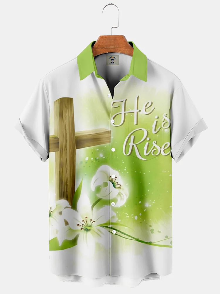 Men's Easter Cross and Lily He Is Risen Short Sleeve Shirt