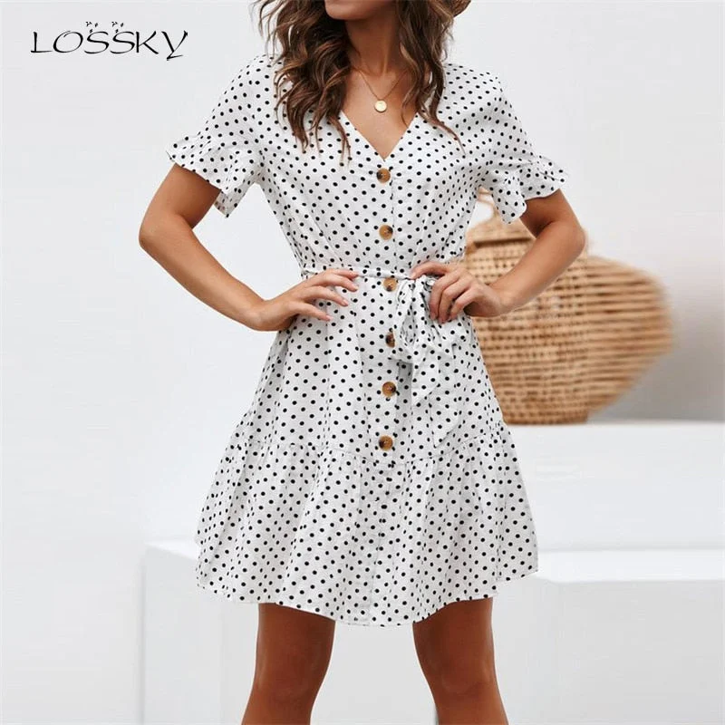 Lossky Women Casual Dress Hot Chiffon Polka Dot Print V-neck Mini Dress Summer Lace Up Button Butterfly Sleeve Dress Plus Size