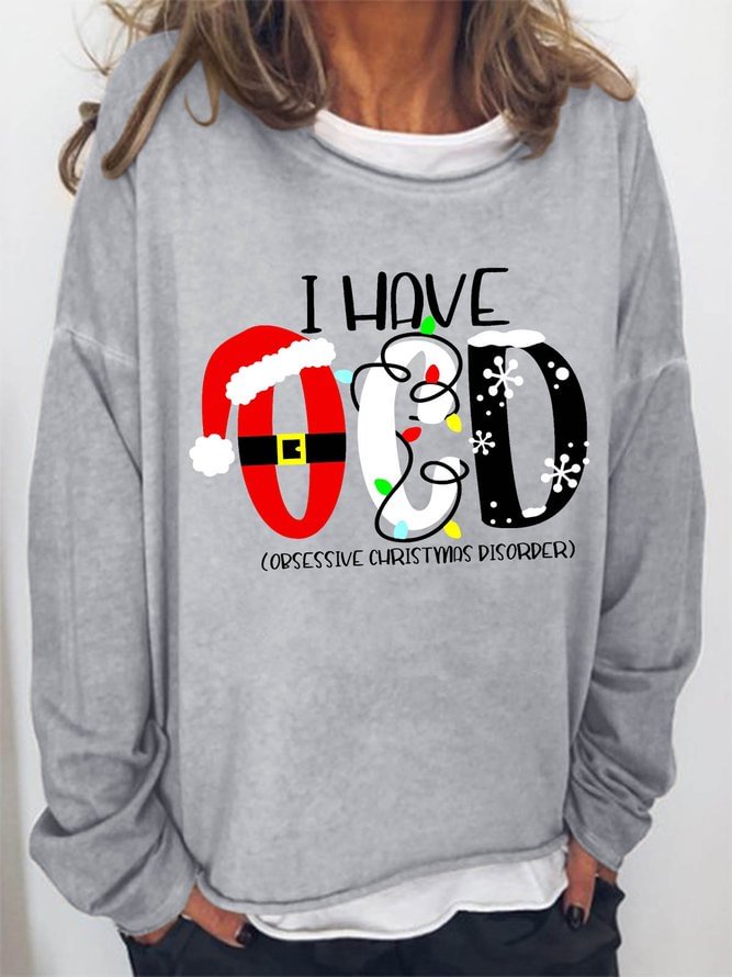 Women Obsessive Christmas Disorder lights Simple Crew Neck Cotton-Blend Sweatshirts