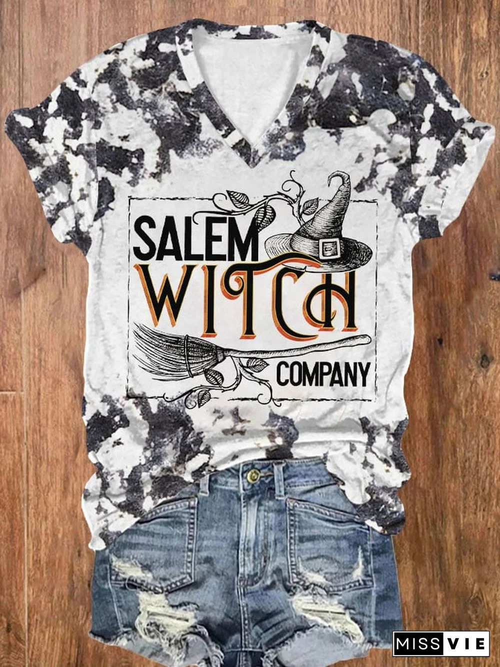 Women's Vintage Salem Witch Company Print V Neck T-Shirt