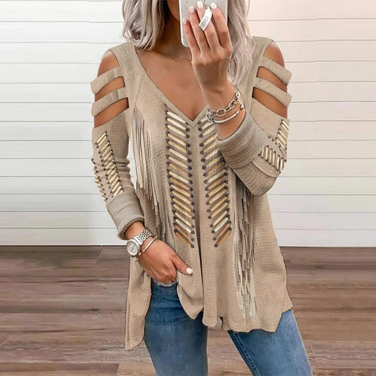 Comstylish Women's Western Tassel Hollow Out Casual T-Shirt