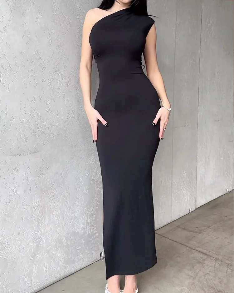 Sexy Solid Color One Shoulder Dress