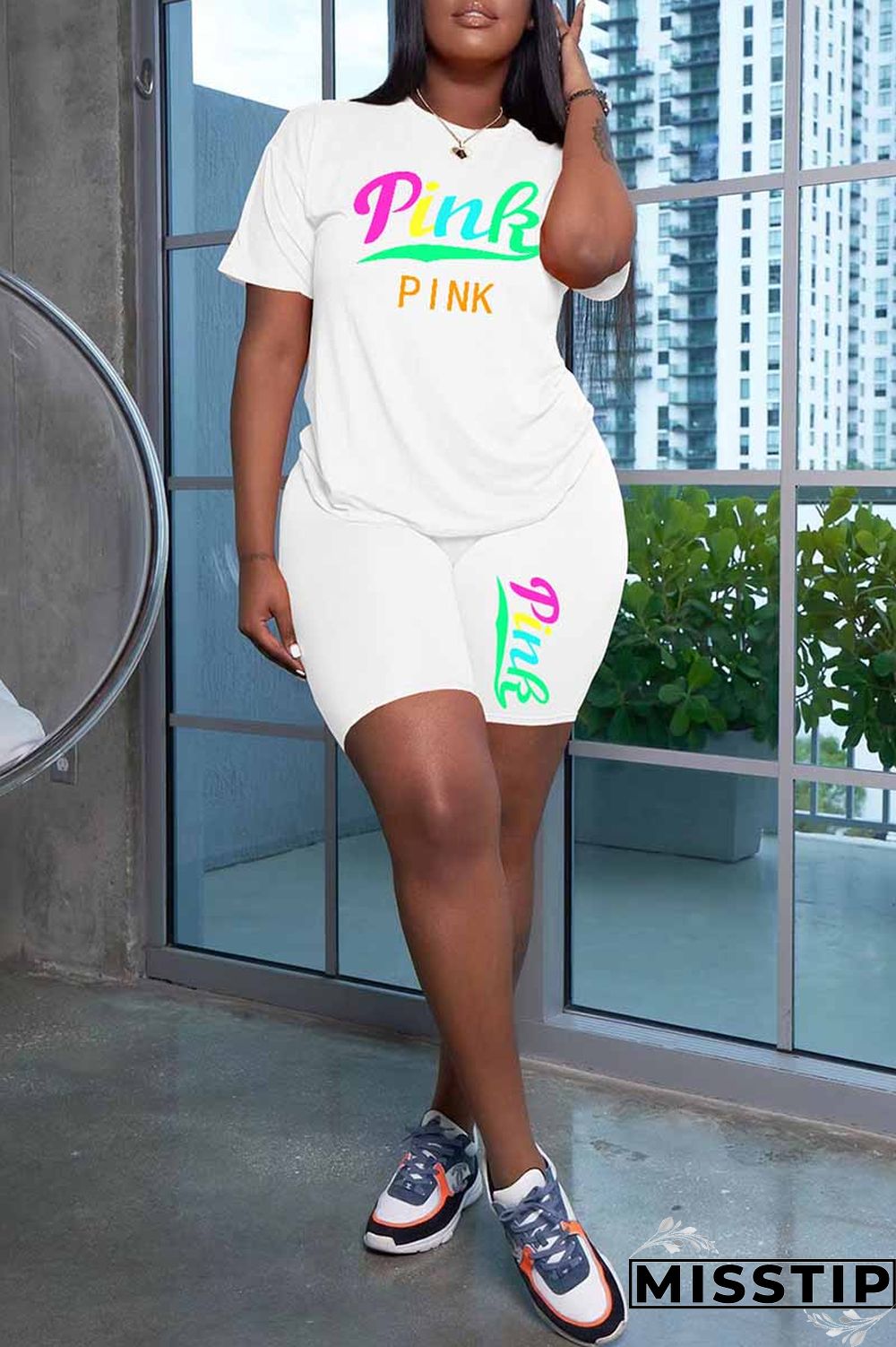 Grey Casual Print Letter O Neck Short Sleeve Two Pieces