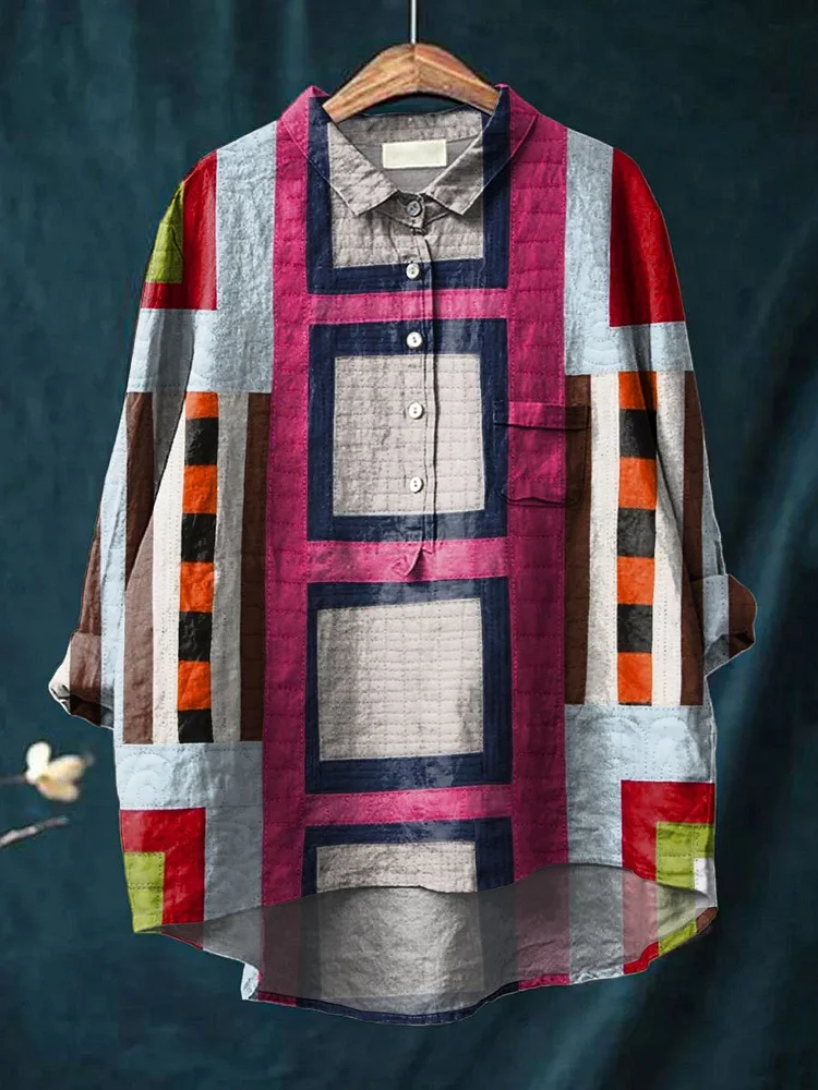 Vintage Geometric Pattern Art Print Casual Cotton And Linen Shirt