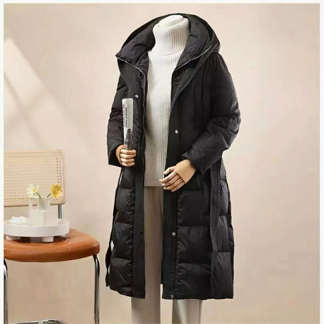 Woherb Autumn And Winter Down Jacket Female Medium Long Korean Version Slim Show Thin Hooded Belt Fashion Over The Knee Coat Tide-Outfit Ideas