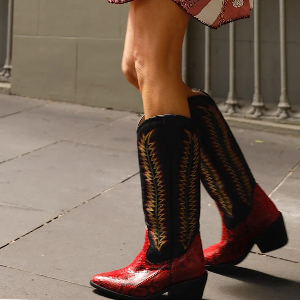 Red and Black Chunky Heel Snake Print Western Boots with Embroidered Nicepairs