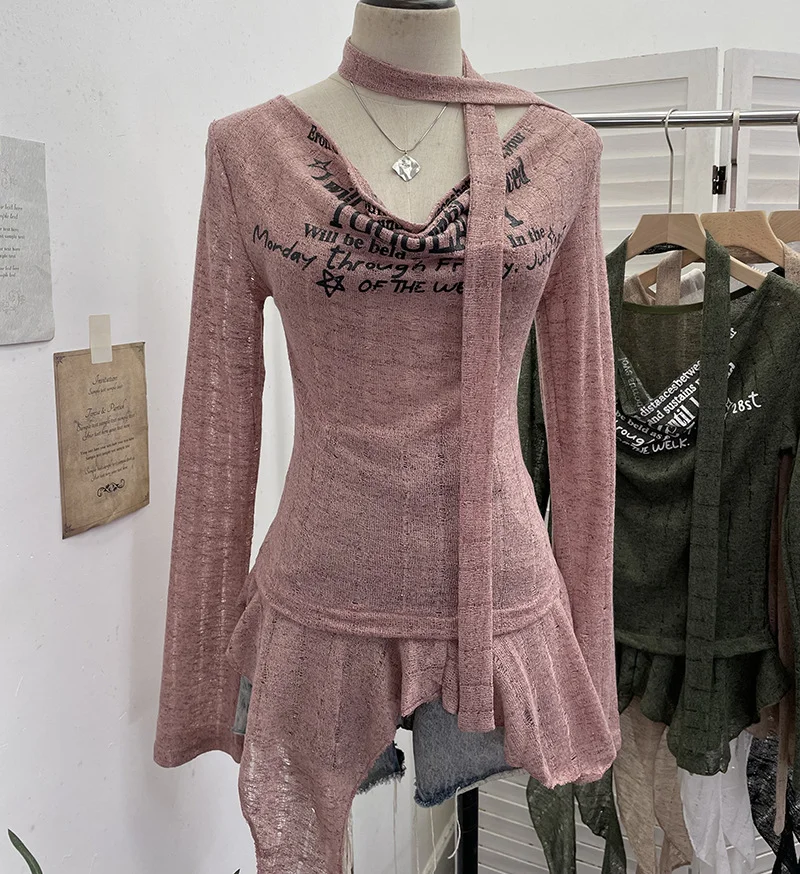 Nigikala Nigikala Shooting Retro Irregularly Hollow Knitted Jersey Dress Girl With Hottie Word Shoulder Collar Blouse 8101