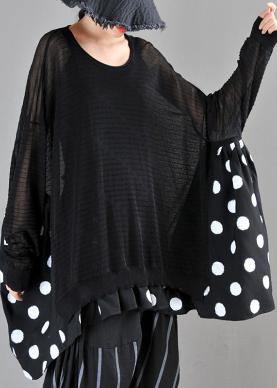 VCSHOES Loose Black O-Neck Dot Print Patchwork Knit Cotton Top Long Sleeve