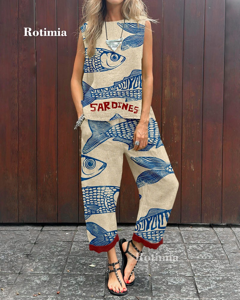 Rotimia Vintage blue fish print two-piece set