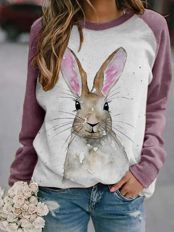 Easter Cute Watercolor Bunny Print Casual Sweatshirt