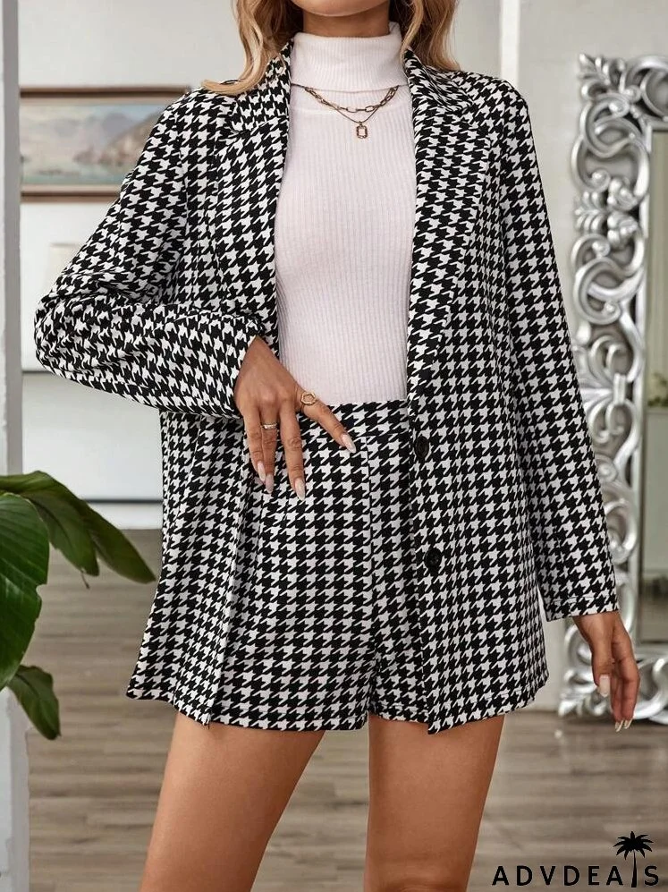 Women's Houndstooth Print Long Sleeve Shorts Suit