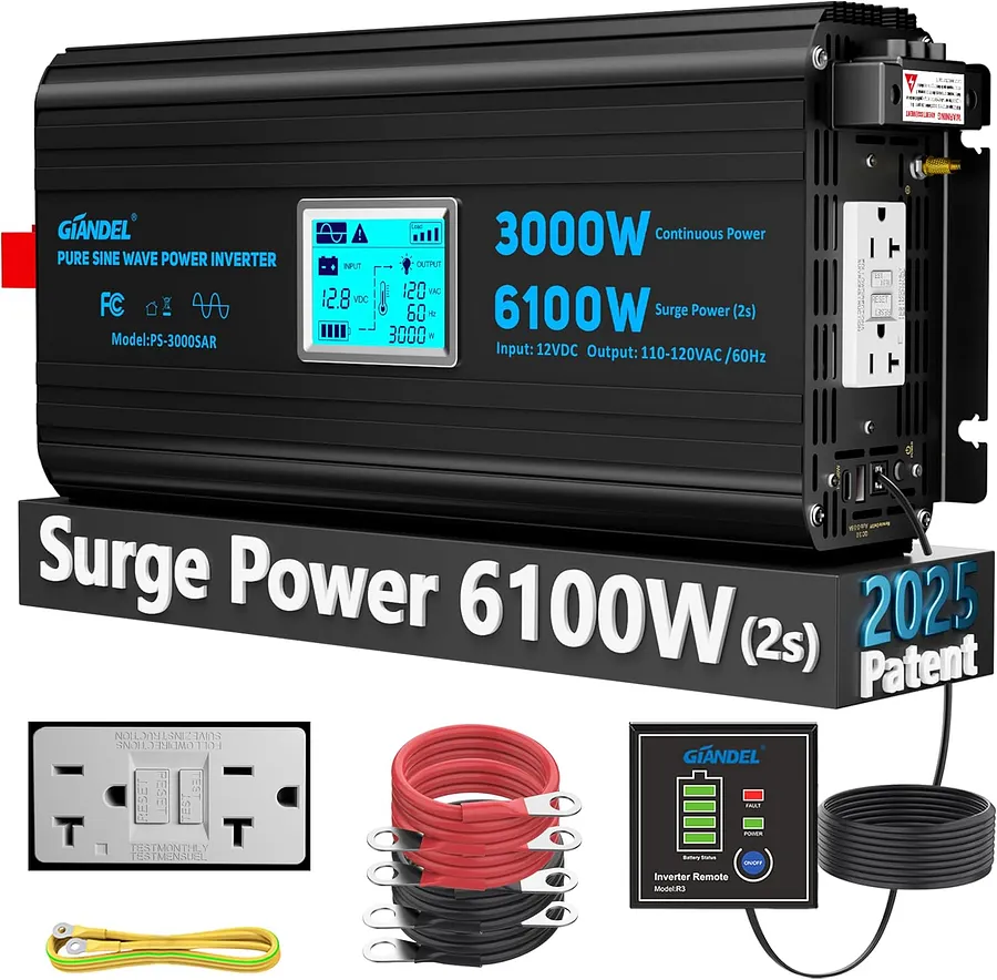 3000Watt Inverter 12V to 110V 120V Pure Sine Wave 6100W Surge Peak Power for 2S