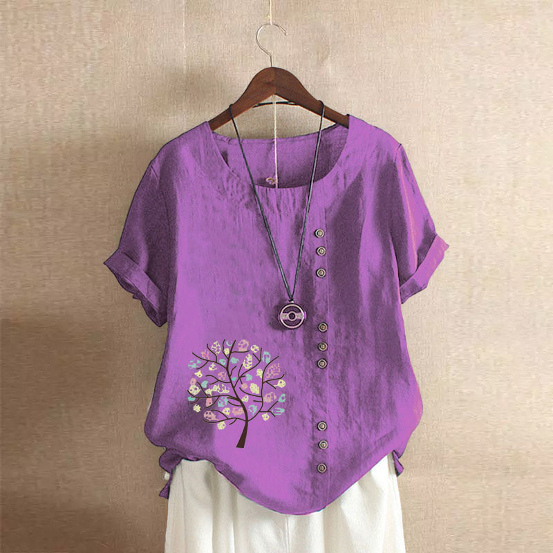 Northwnidgrp Round Neck Short Sleeved Pullover Shirt 2025 Women's Summer Retro Casual Loose Cotton Linen Pullover Large Blouses