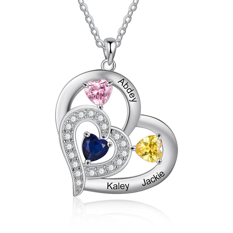 Collar con 3 colgantes de corazón con 3 nombres personalizados y 3 piedras de nacimiento
