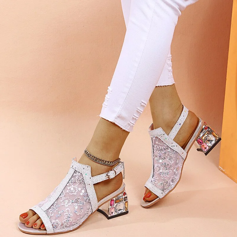 Qengg Women Summer Glitter Sandals Rhinestone Sandals Ladies Buckle Strap Mocassin Round Toe Bling Beach Med Heel Shoe 2022