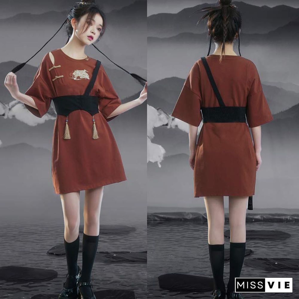 Vintage Embroidery Buckle Tasesel Vest Loose T-Shirt Dress