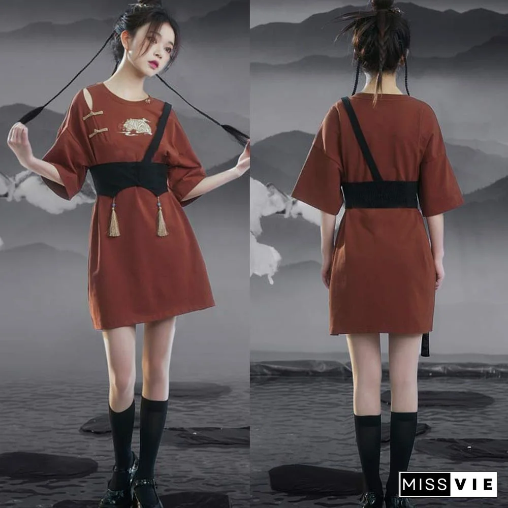 Vintage Embroidery Buckle Tasesel Vest Loose T-Shirt Dress