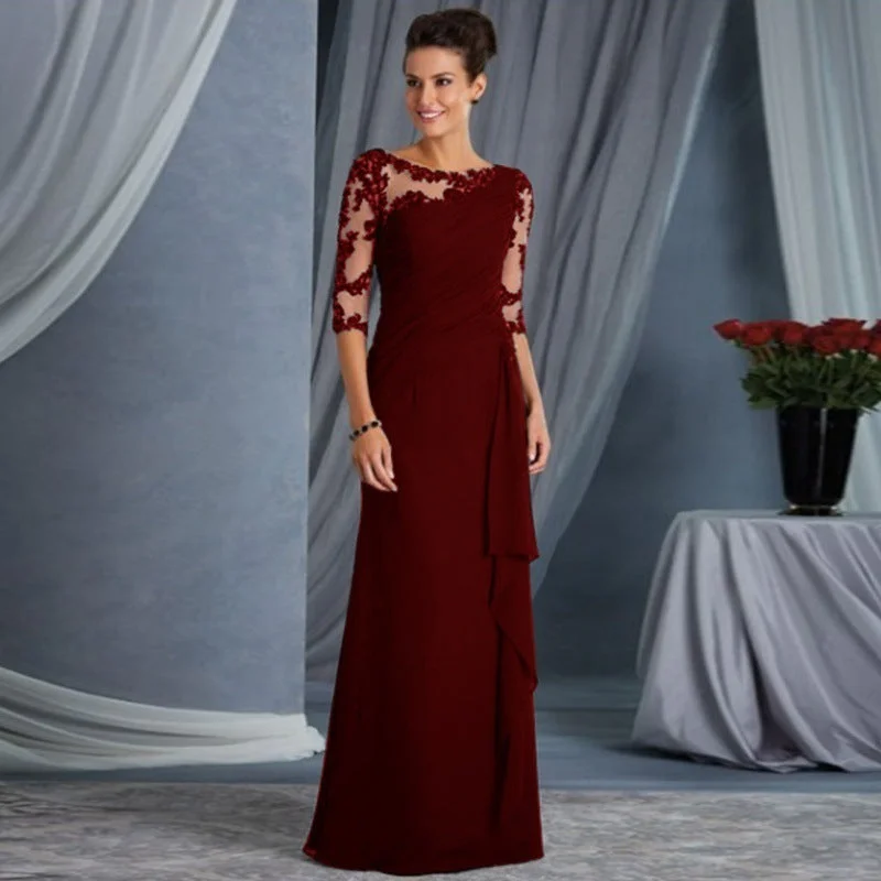 Brownm Long Lace Round Neck Half Basic Model Sleeve Dress Wedding Shirt