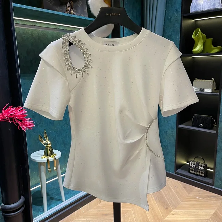 Burnhamcorp Cotton Woman T-shirts Fashion Casual White Tees Hollow Out Diamond Temperament Tshirts Tunic Summer Clothing 2025 Ropa Mujer