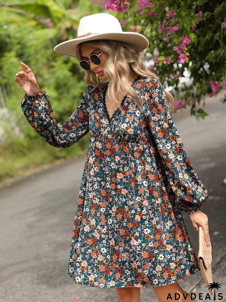 Floral Print Lace Trim A-line Dress