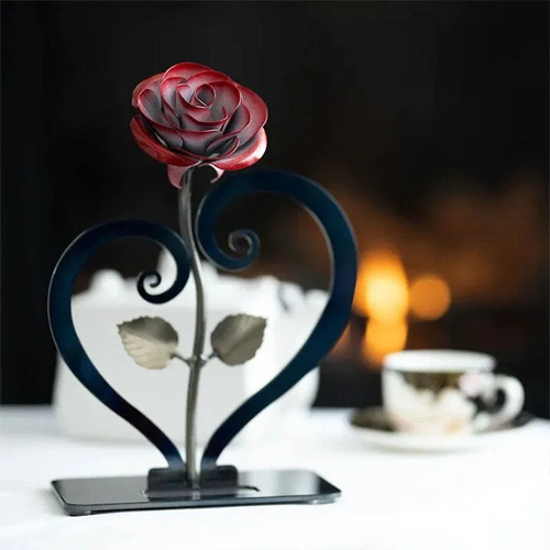 Iron Red Metal Rose with Heart-Rainbow Art