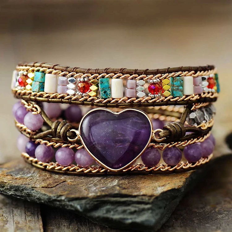 Amethyst Heart Charm Beads Wrap Bracelet