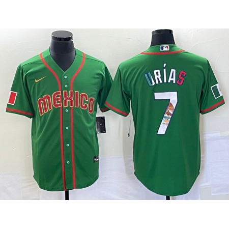 Men's Mexico Baseball #7 Julio Urias 2023 Green World Baseball With Patch Classic Stitched Jersey CJLK