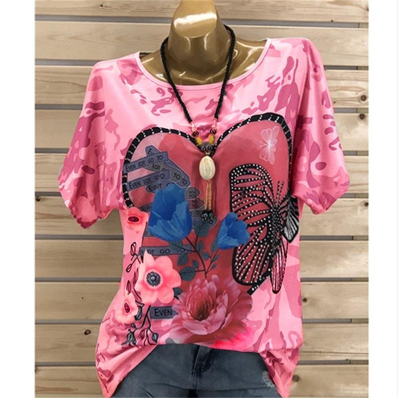round-necked butterfly printed short-sleeved T-shirt