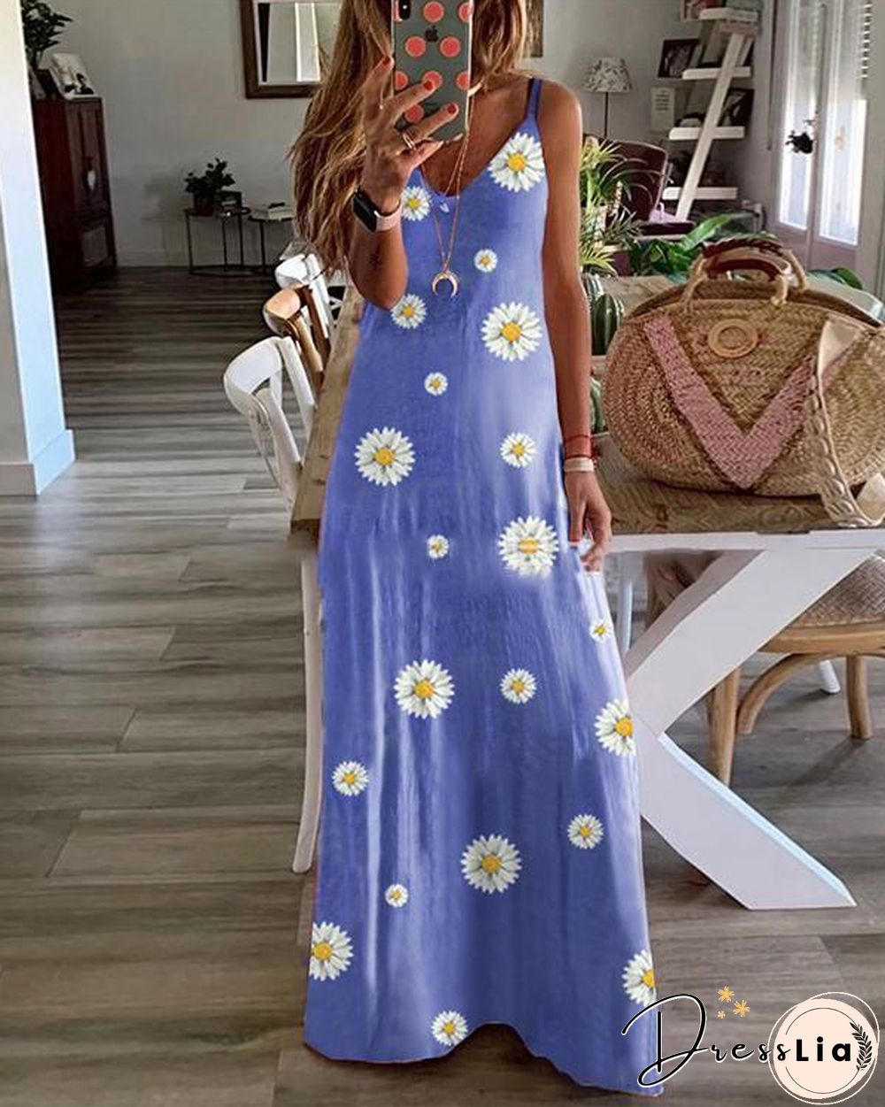 Sleeveless Floral Print V Neck Holiday Maxi Dress