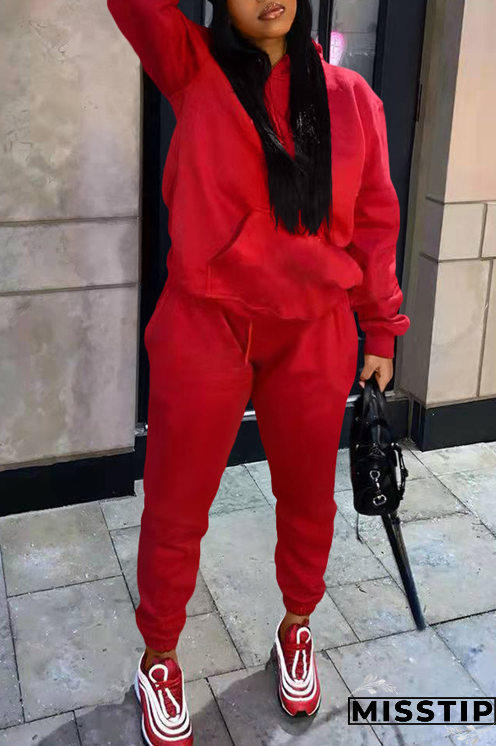 Red Casual Solid Patchwork Hooded Collar Long Sleeve Two Pieces