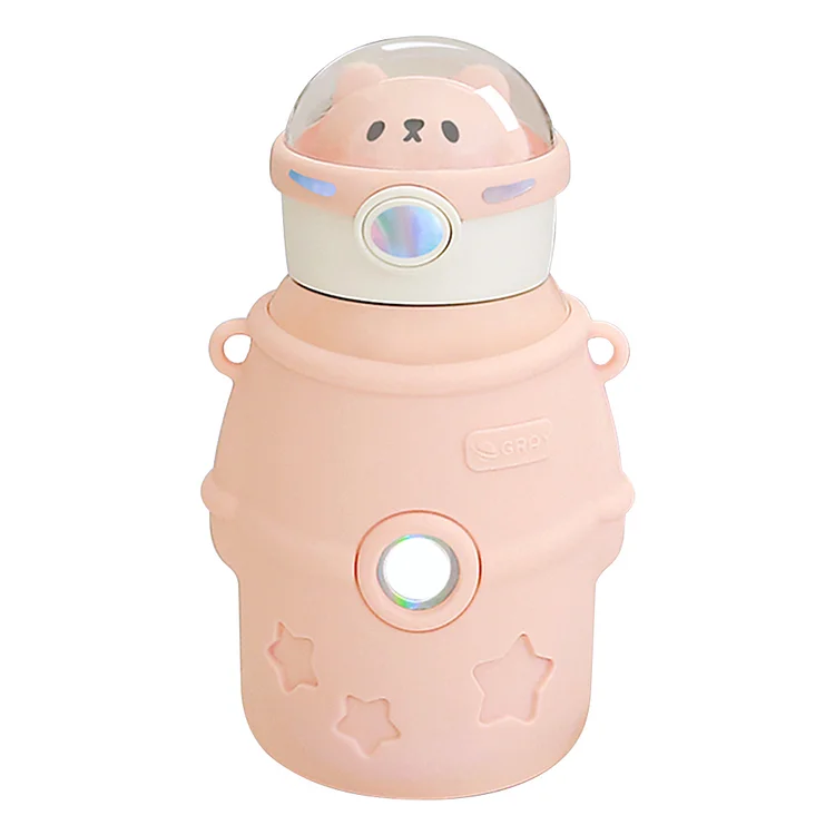 500ml Thermal Mug Cute Kids Astronaut Water Cup with Straw Vacuum Flask (Pink)