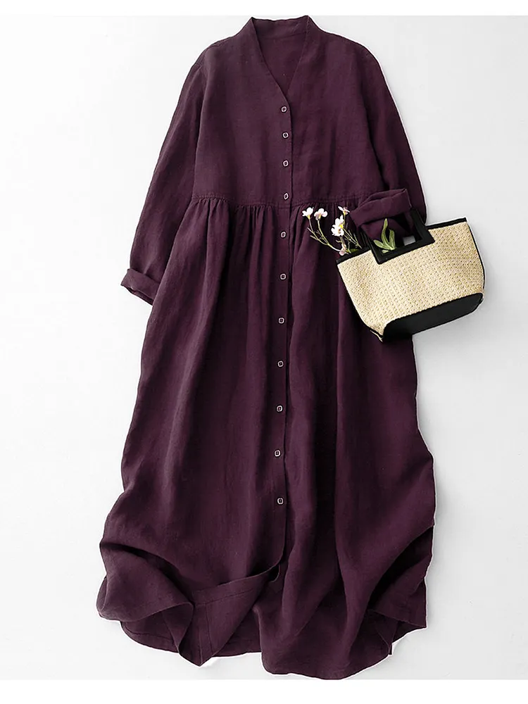 Women&lsquo;s Burgundy Wine Red Cotton and Linen Dress