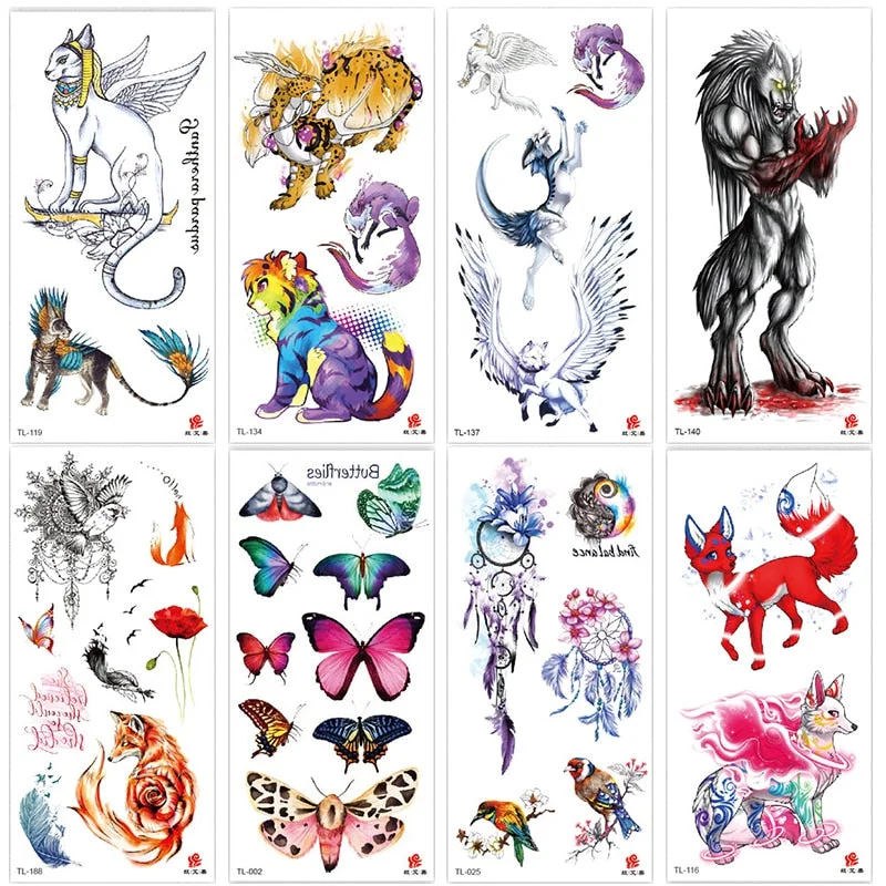Animal and plant totem flower butterfly bird fox body arm waterproof men and women healthy natural temporary tattoo stickers