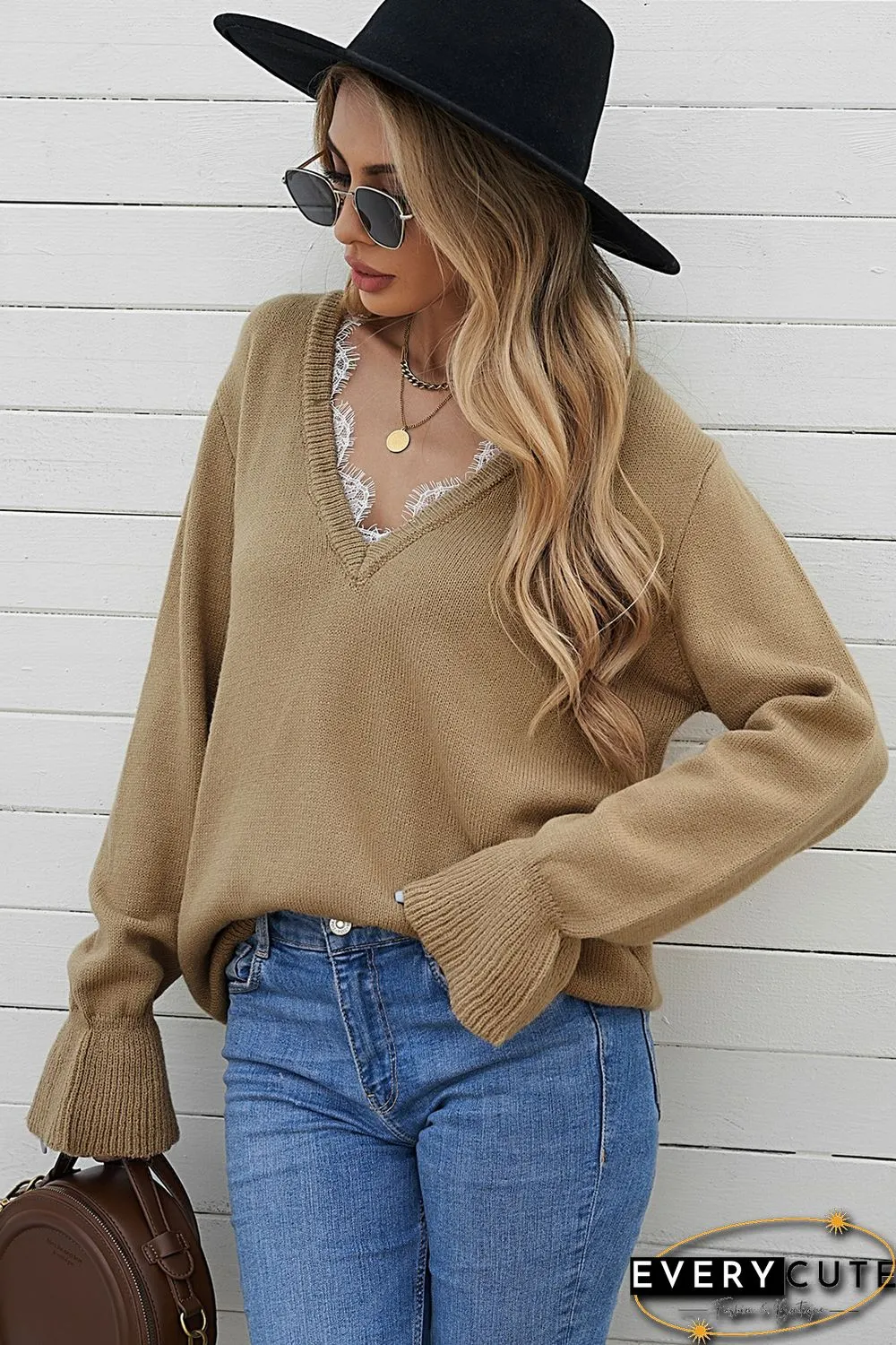 Khaki Eyelash V Neck Knitted Sweater
