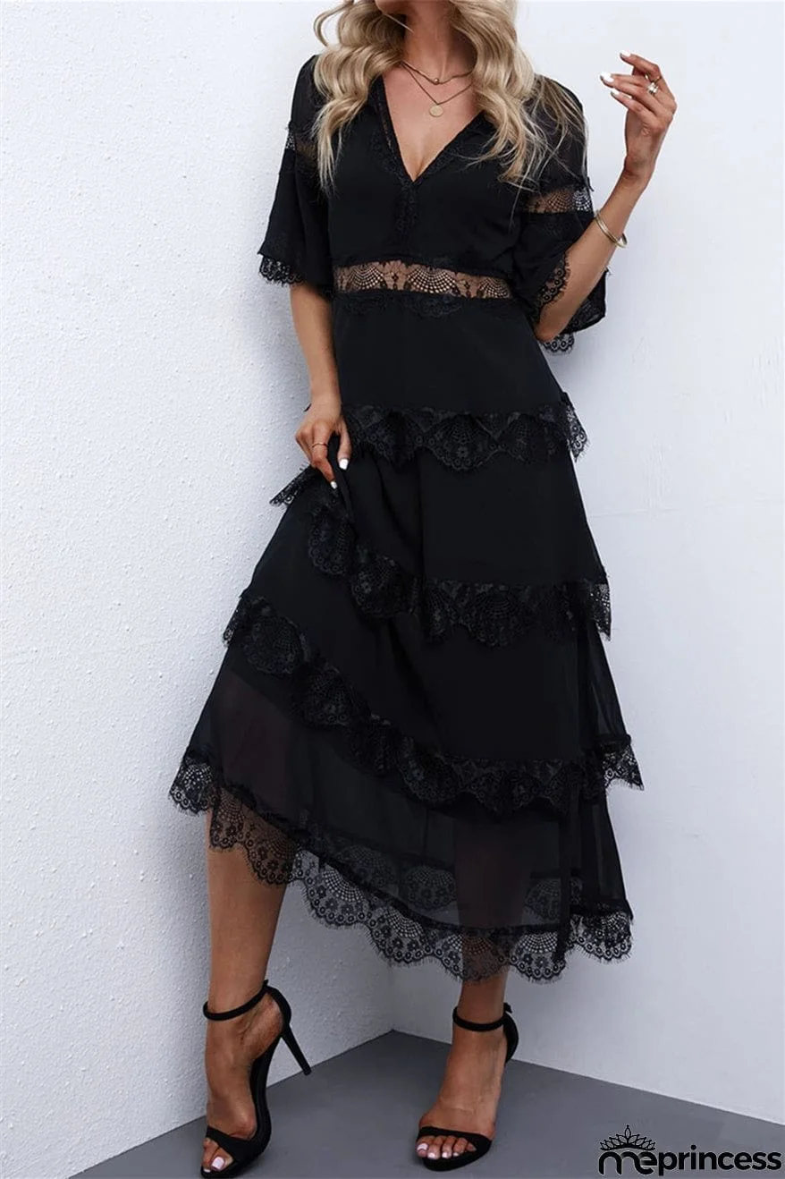 Lace Patch Layered Long Dress