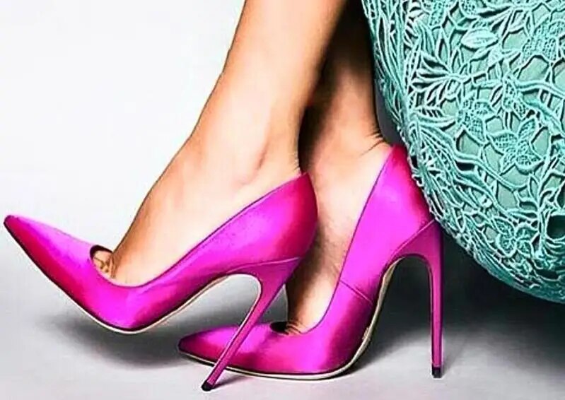 VCSHOES Glossy Silk Satin Pointed Toe 12 Cm Stiletto Heels Shallow High Heels Pumps Woman Blue Green Purple Wedding Dress Shoes