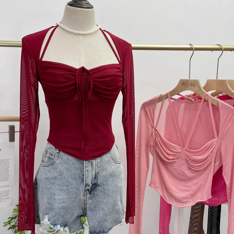 Churchf Sexy Hot Tie Tie With Hanging Neck Long-Sleeved Mesh T-Shirt Repair Short Open Fork Cuff Top 8932