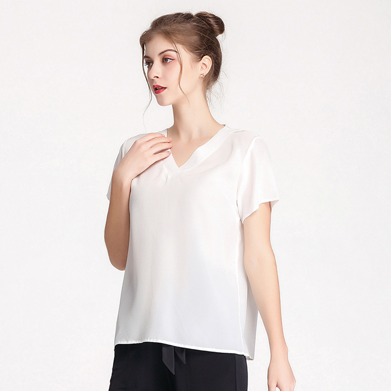 White Silk T-shirt Women's V-neck Top