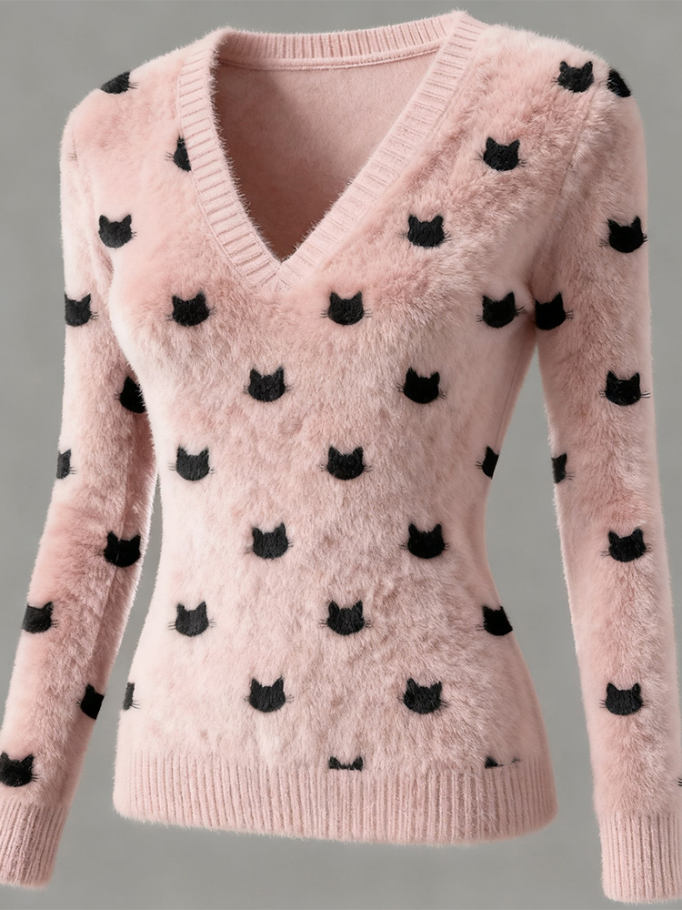 Cute Cat Heads Embroidered V Neck Flannel Sweatshirt elevenforest