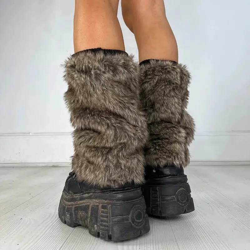 Brownm Grunge Faux Fur Leg Warmers