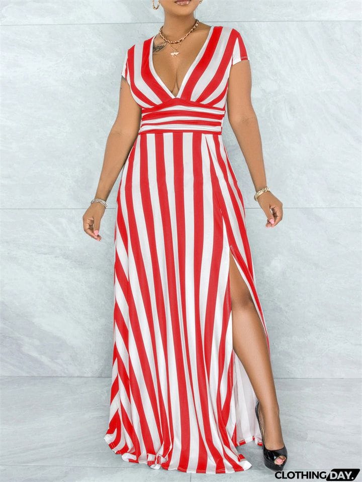 Fashion Sexy Stripe Deep-V Split Dresses