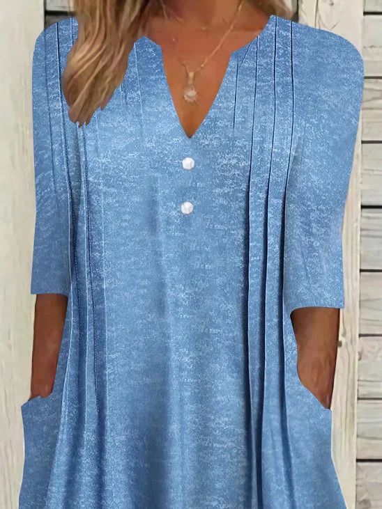 Women Half Sleeve V-neck Solid Color Dress