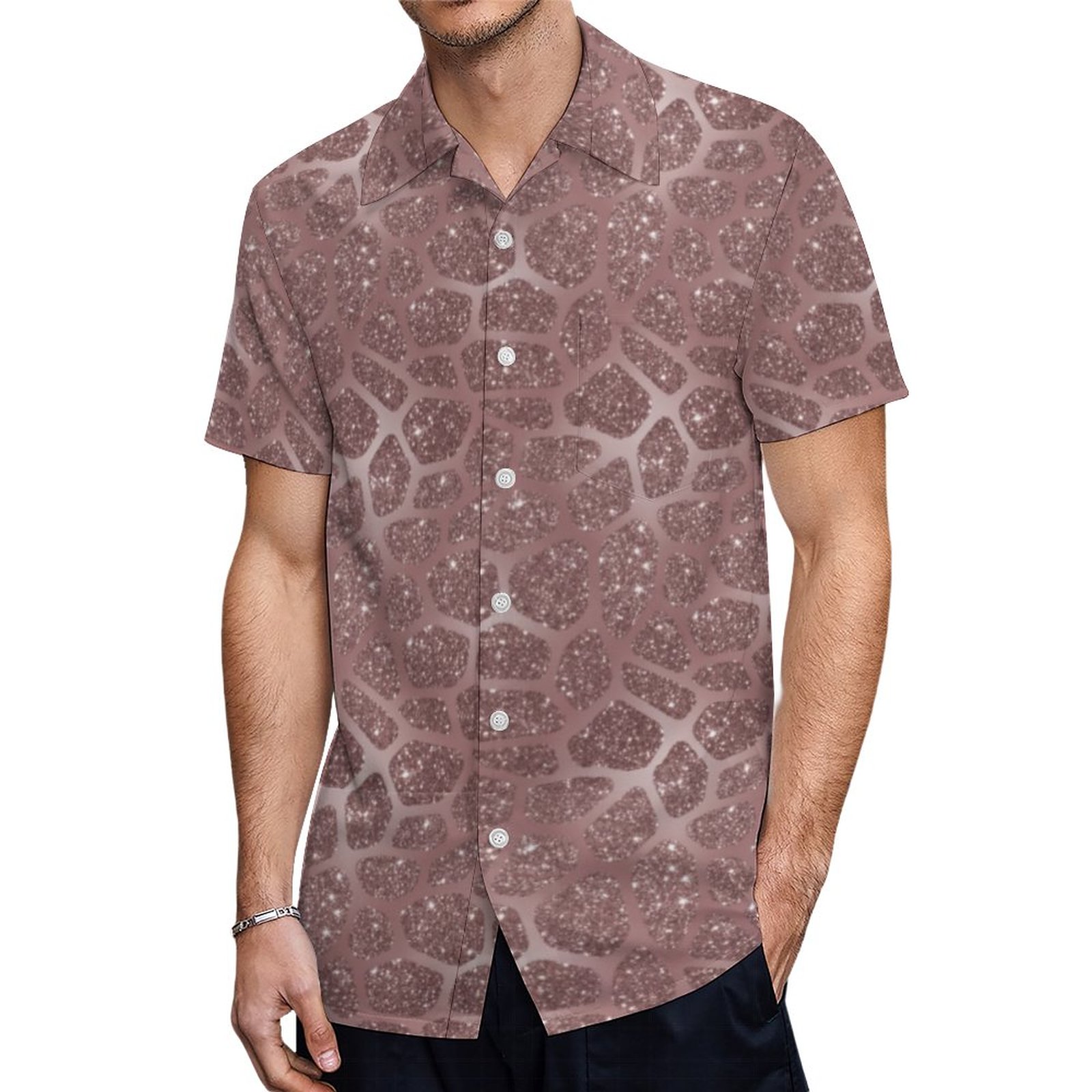 Rose Gold Glitter Giraffe Print Hawaiian Shirt Mens Button Down Plus Size Tropical Hawaii Beach Shirts